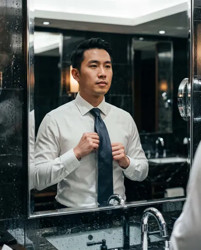 Businessman Adjusting Tie in Bathroom Mirror