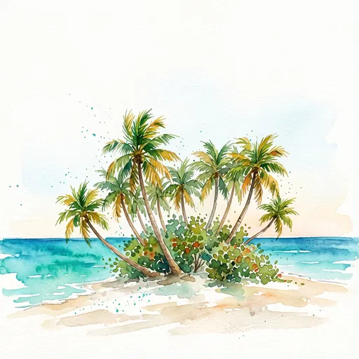 Watercolor Tropical Beach with Palm Trees