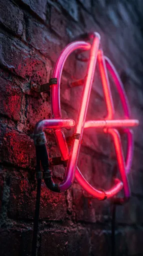 Glowing Red Neon Anarchy Symbol on Brick