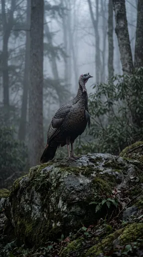 Wild Turkey on Mossy Forest Boulder