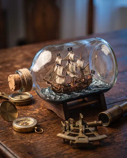 Miniature Pirate Ship in Glass Bottle