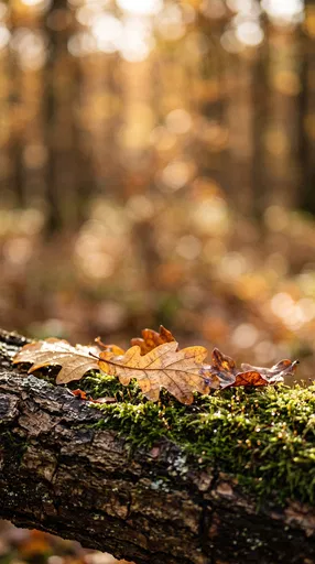 Autumn Oak Leaves on Mossy Branch