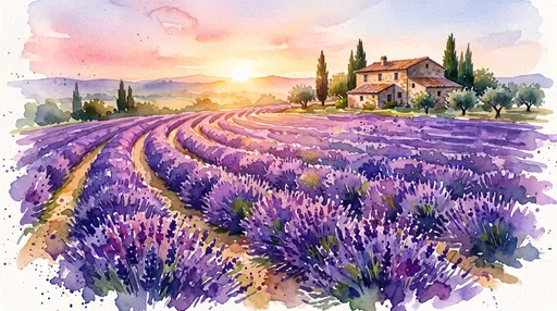 Watercolor Lavender Field Sunrise in Provence