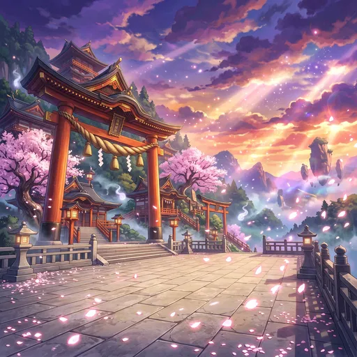Mystical Anime Shrine Courtyard at Sunset