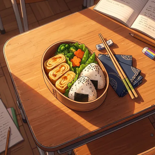 Anime Wooden Bento Box on School Desk