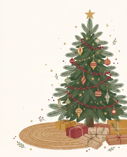 Botanical Christmas Tree Illustration with Gifts