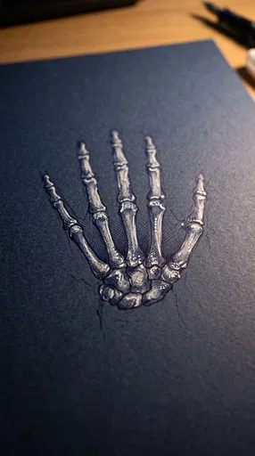 Skeleton Hand Ink Sketch on Navy Paper