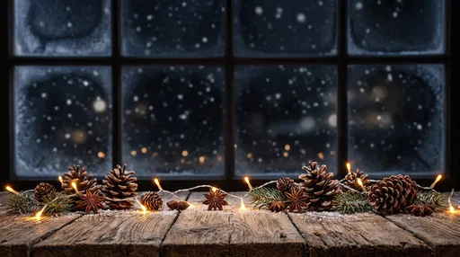 Cozy Winter Window and Wooden Tabletop