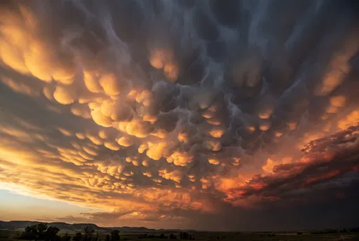 Dramatic Sunset Mammatus Clouds Over Horizon