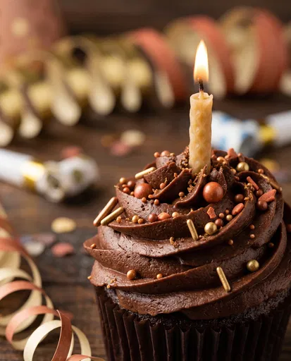 Chocolate Birthday Cupcake with Lit Candle