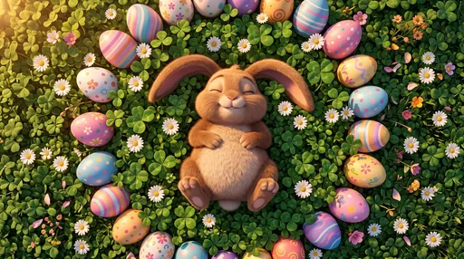 Cartoon Easter Bunny Sleeping in Clover