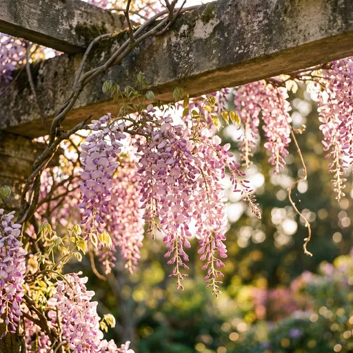 Pink Wisteria Hanging from Stone Pergola