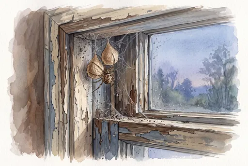 Watercolor Spider Tending Egg Sacs in Window