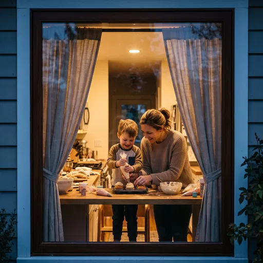 Mother and Son Decorating Cupcakes Through Window