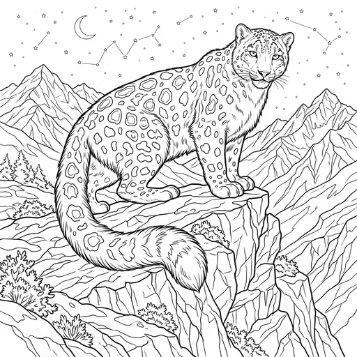 Snow Leopard on Mountain Cliff Coloring Page