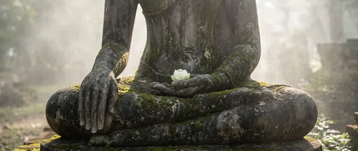 Mossy Stone Buddha Statue Holding White Lotus
