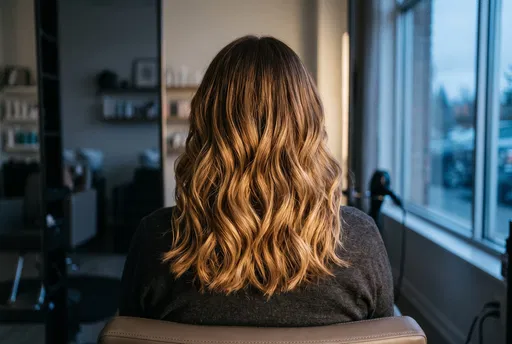Wavy Golden Brunette Balayage Hair in Salon
