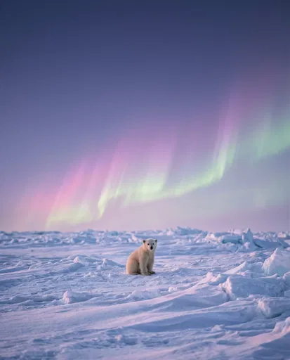 Polar Bear Cub Under Pastel Aurora