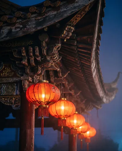 Glowing Red Lanterns Under Temple Eaves