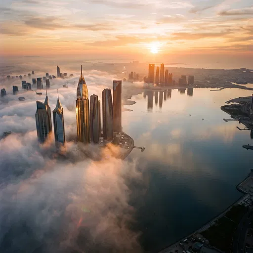 Aerial Sunset Over Foggy Harbor Skyscrapers