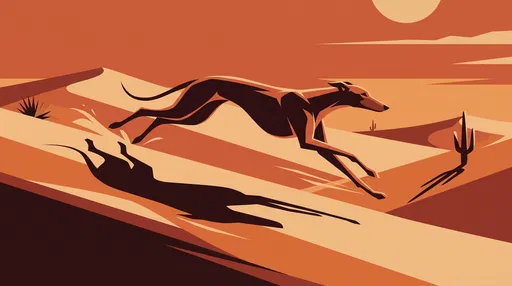 Stylized Greyhound Running Across Desert Dunes