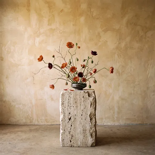 Poppy Ikebana Arrangement on Travertine Plinth