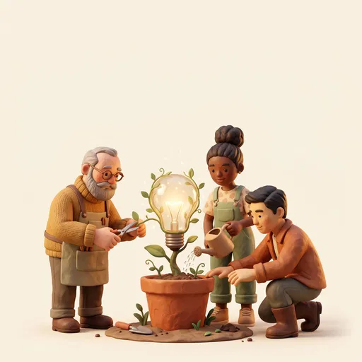 3D Characters Tending Glowing Lightbulb Plant