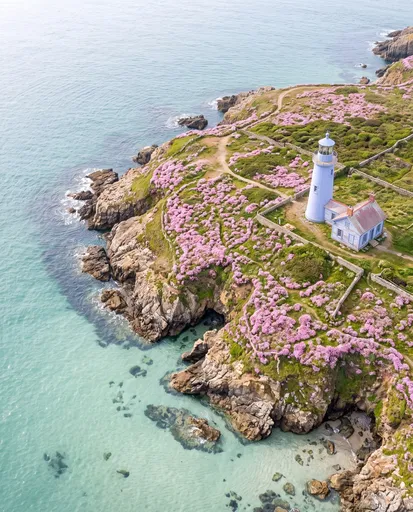 Aerial View of Pastel Blue Coastal Lighthouse