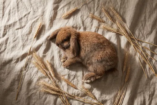 Brown Lop Bunny on Linen with Wheat
