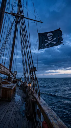 Pirate Flag Flying on Wooden Ship