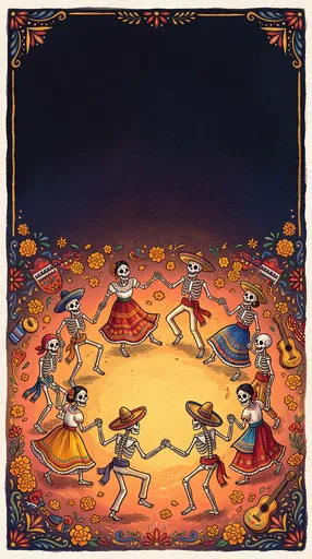 Festive Skeletons Dancing in Circle Illustration
