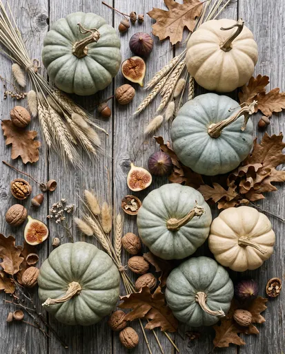 Autumn Harvest Flat Lay with Heirloom Pumpkins