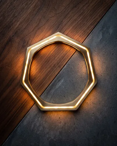 Glowing Brass Heptagon on Wood and Concrete