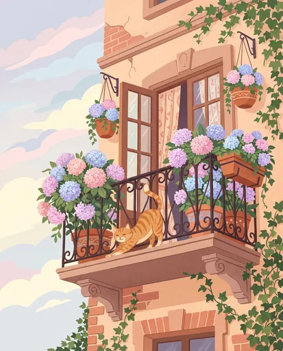 Ginger Cat Stretching on Flower Balcony