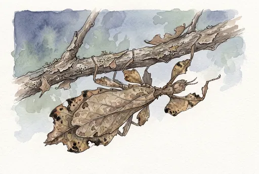 Watercolor Brown Leaf Insect Under Twig