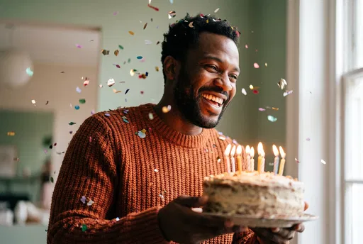 Laughing Man Holding Birthday Cake With Confetti