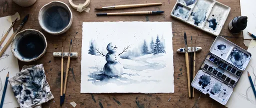 Indigo Watercolor Snowman Painting Flat Lay