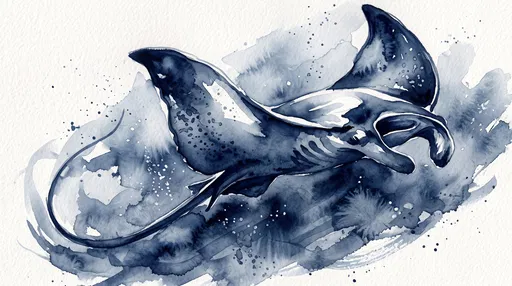 Indigo Watercolor Ray Swimming Illustration
