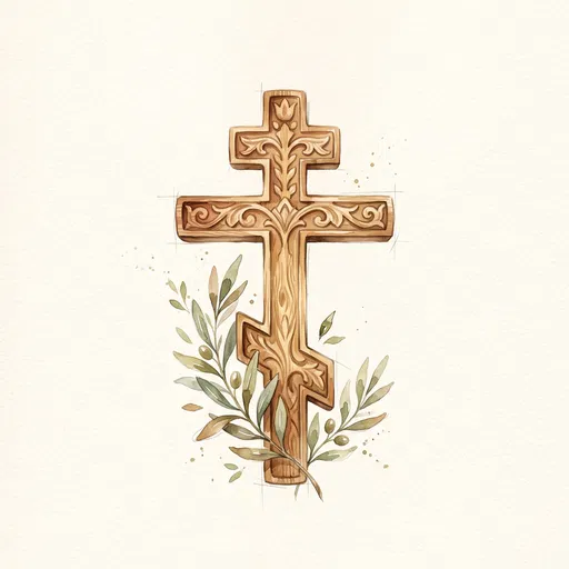 Watercolor Wooden Orthodox Cross with Olive Branches