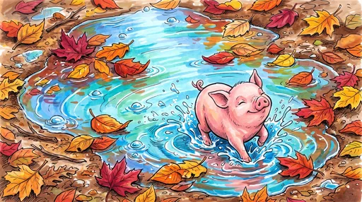 Playful Piglet Splashing in Autumn Puddle