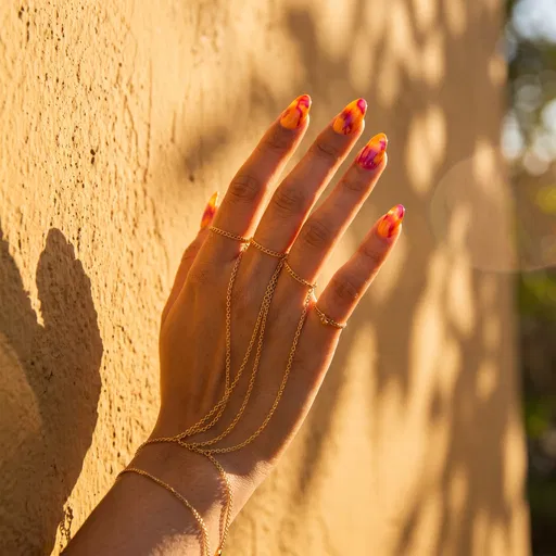 Hand With Orange Tie-Dye Almond Nails