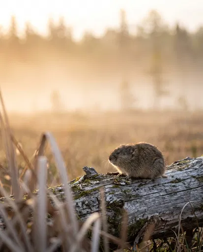 Bog Lemming on Log at Sunrise