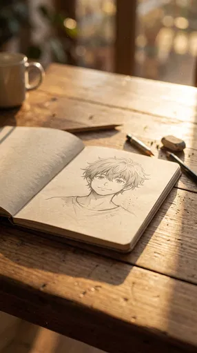 Anime Boy Sketch on Wooden Table