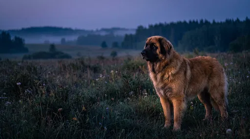 Leonberger Dog Standing in Twilight Meadow