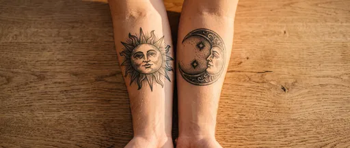 Sun and Moon Forearm Tattoos on Wood