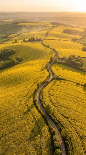Aerial View of Golden Rapeseed Fields
