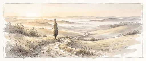 Watercolor Sketch of Hills and Cypress Tree