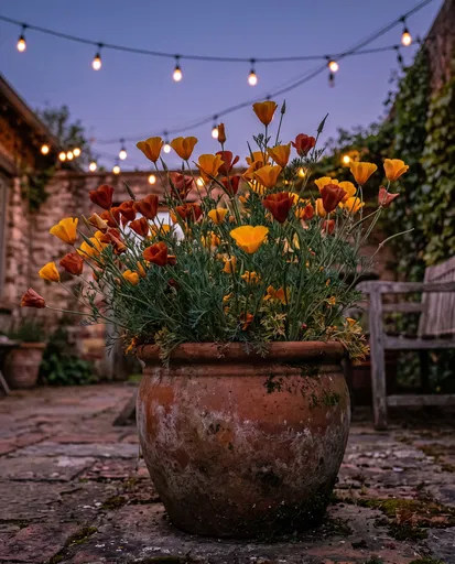 California Poppies in Terracotta Planter at Dusk