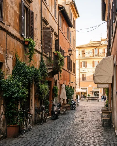 Sunlit Cobblestone Alleyway in Rome Italy