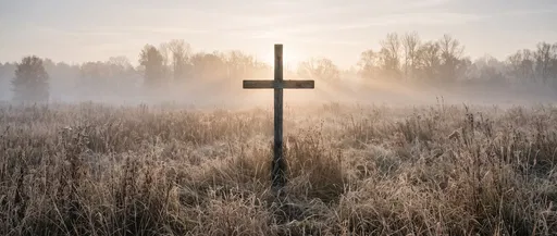 Wooden Cross in Misty Dawn Meadow